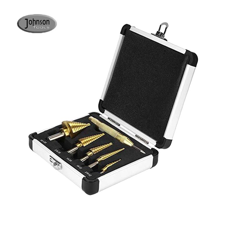 6pcs Titanium HSS Down Multi Step Spiral Drinch Bit Set con una caja de aluminio