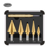 6pcs Titanium HSS Down Multi Step Spiral Drinch Bit Set con una caja de aluminio